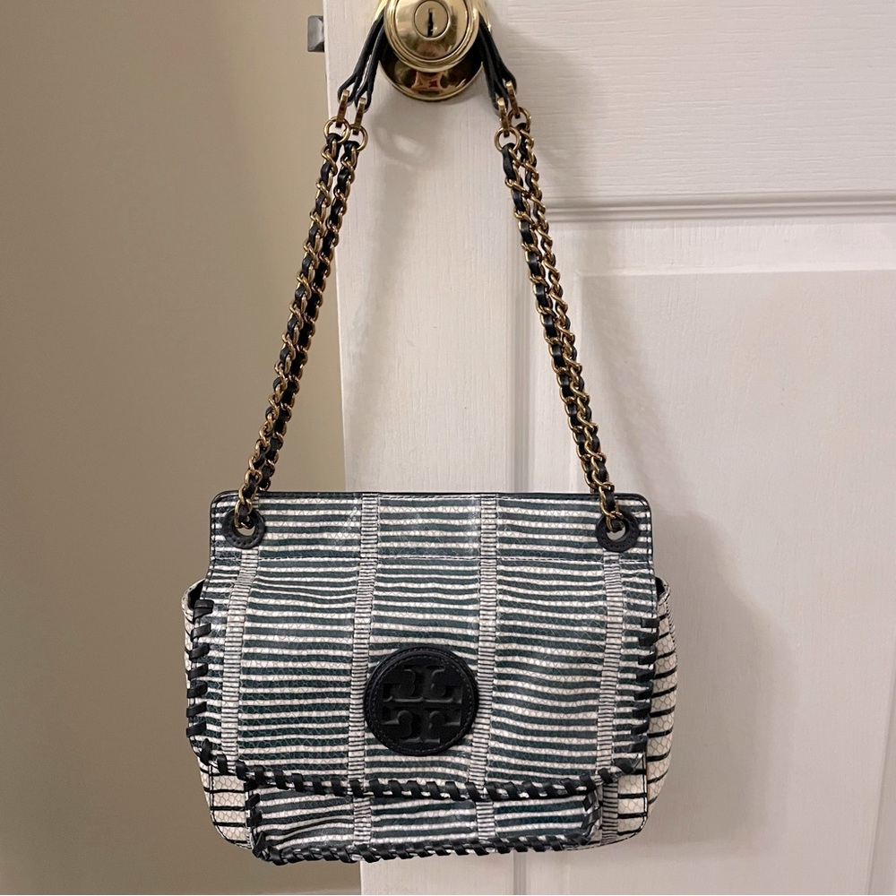 Tory Burch navy and white over the shoulder purse